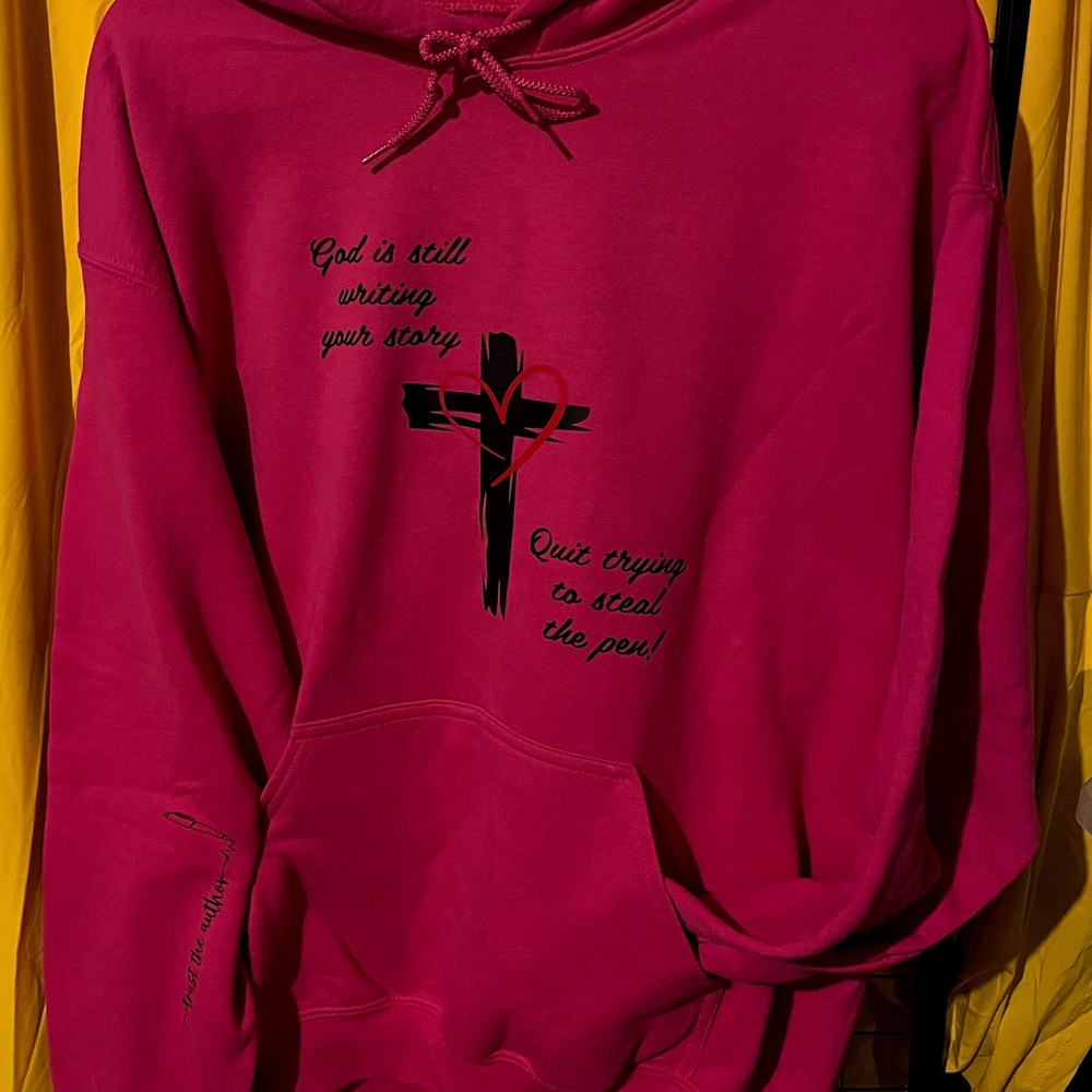 Gildan Pink Graphic Hoodie with Black Cross and Script